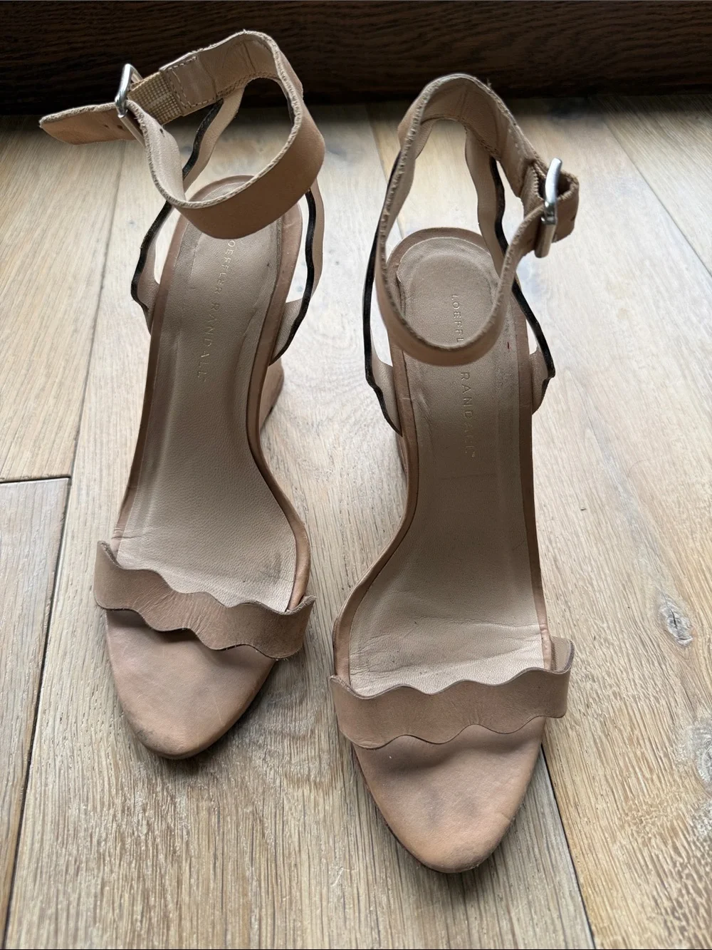 Loeffler Randall Emi Nude Leather Scalloped Wedge Sandals Ankle Strap Tan Size 8